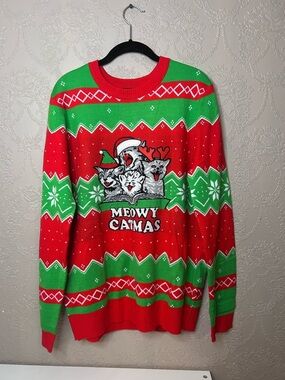 MAD Engine Red & Green 'Meowy Catmas' Men's Crewneck Sweater